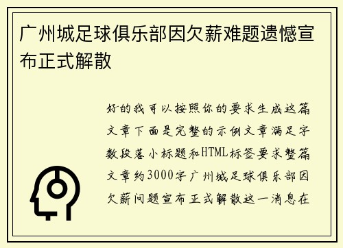 广州城足球俱乐部因欠薪难题遗憾宣布正式解散 广州城足球俱乐部因欠薪难题遗憾宣布正式解散